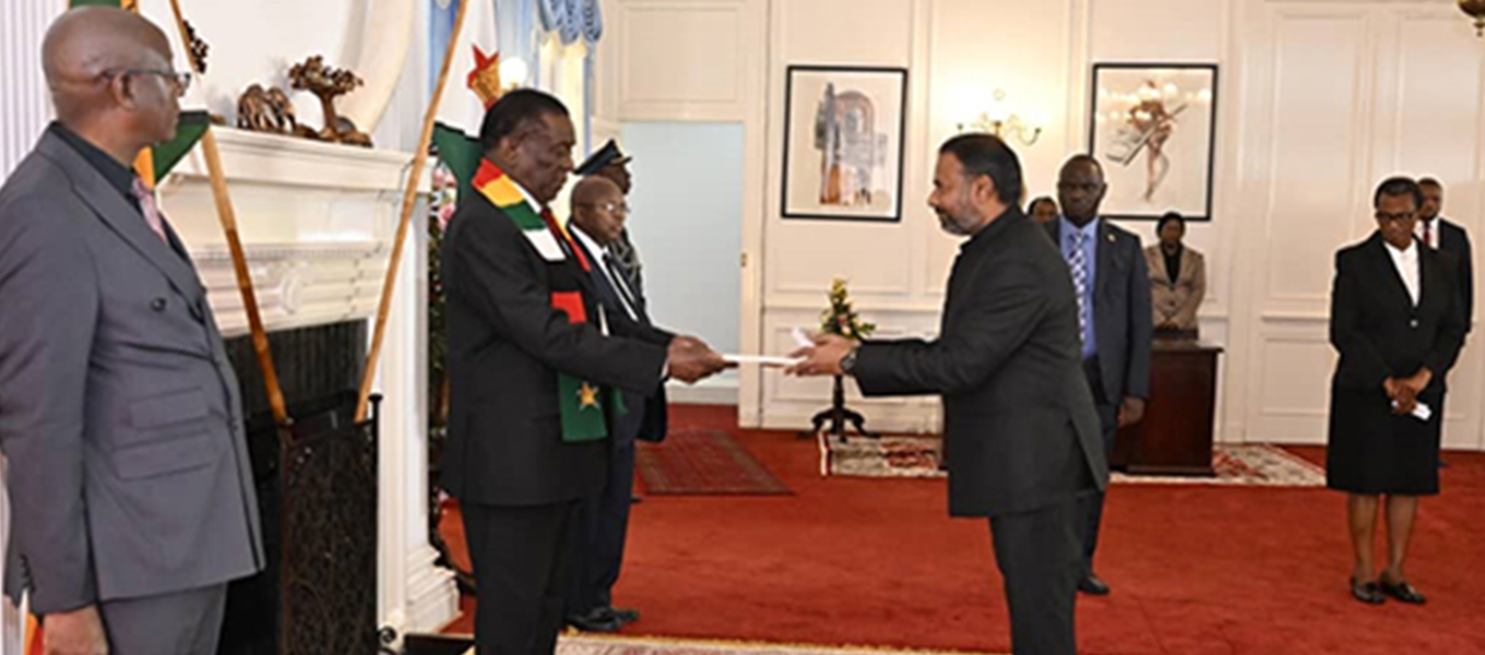 H.E. Ambassador Mr. Bramha Kumar presented his credentials to the President of the Republic of Zimbabwe H.E. Dr. E. D. Mnangagwa