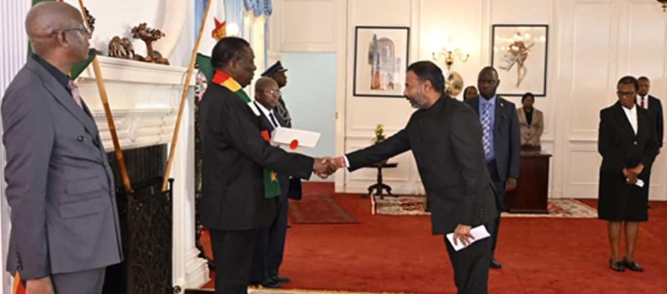 H.E. Ambassador Mr. Bramha Kumar presented his credentials to the President of the Republic of Zimbabwe H.E. Dr. E. D. Mnangagwa